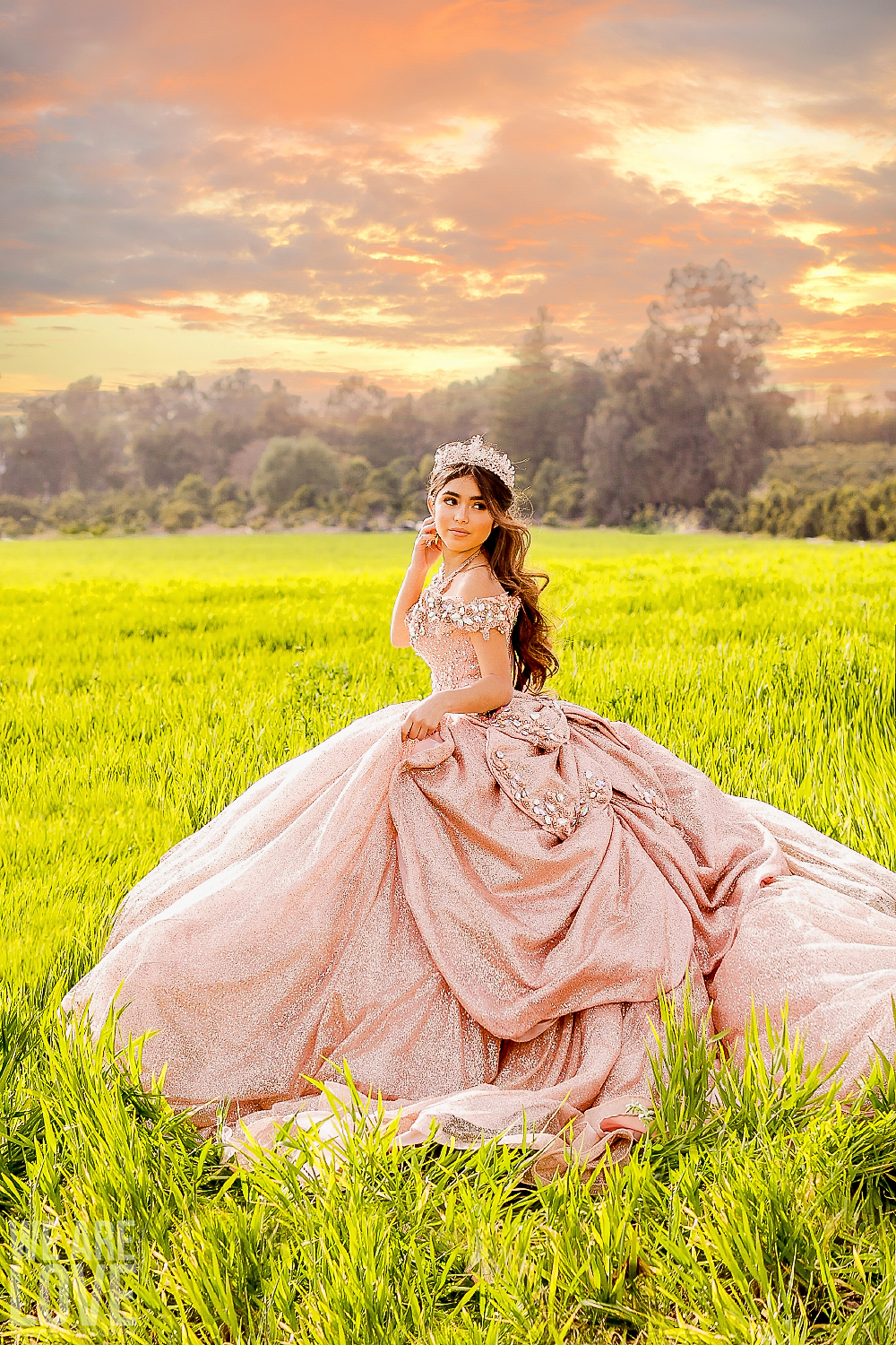 A Mexican girl poses in her quinceanera dress outside her mother's home….  Available for sale on debeeldunie.nl